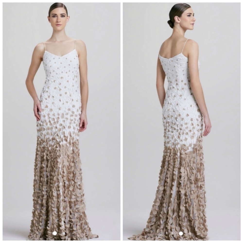 Theia Petal Floral Embellished Tonal Ombre Maxi Gown Size 6 Ivory Tan Formal